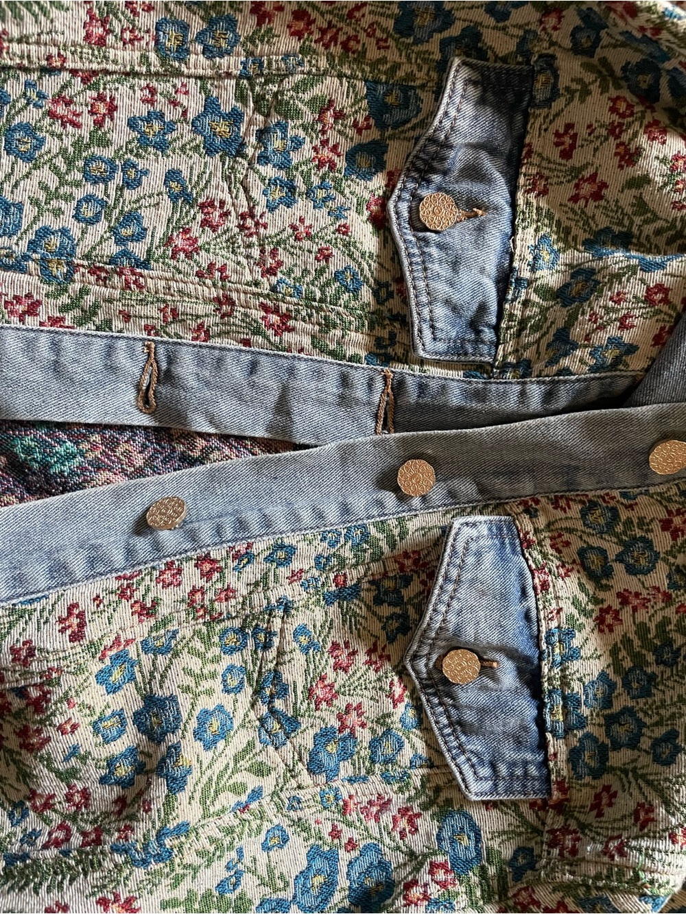 Floral Jacquard Denim Jacket with Peter Pan collar Cottagecore Sz L XL - Picture 7 of 8